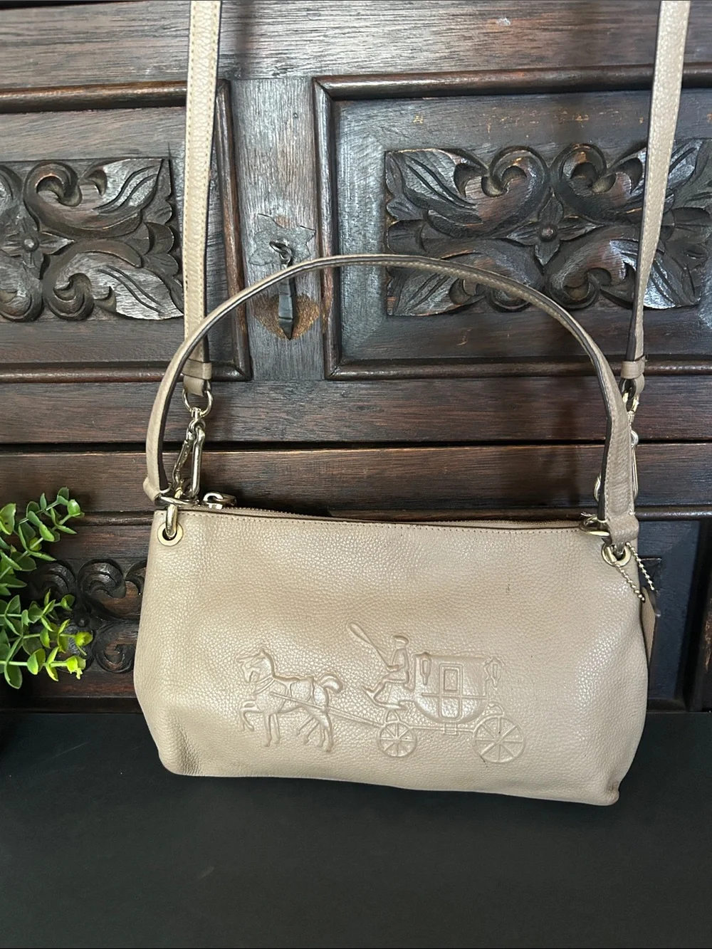 Coach Leather Crossbody Bag in Taupe with Embossed Carriage